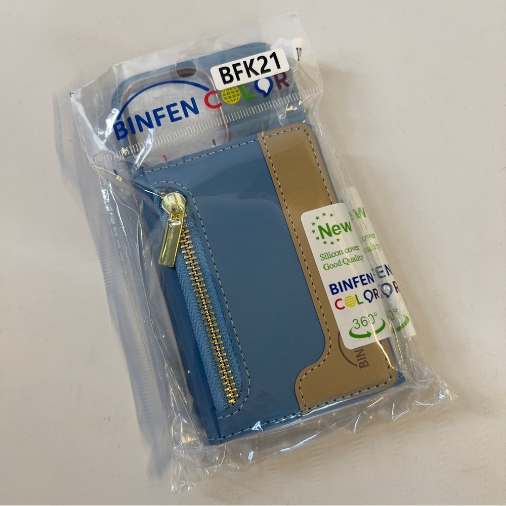 iPhone Case with wallet Crossbody adjustable strap. Tan and blue